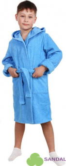 Халат махровый детский запашной с капюшоном (голубой) - фото